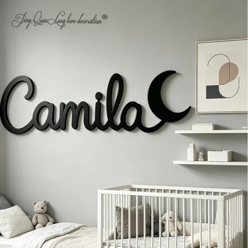 Custom Wooden Name Sign With Moon, Personalized Nursery Wall Decor, Cursive Name Wall Art, Baby Shower Gift, Neutral Room Decora
