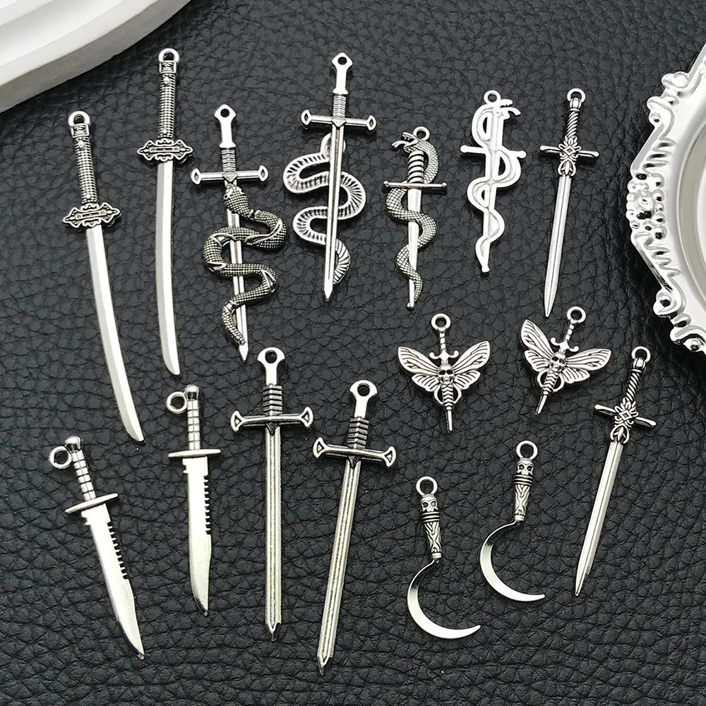 16pcs Gothic Exquisite Mini Sword Long Sword Western Sword Silver Sword&snake Diy Accessories Used to Make Keychains Necklaces