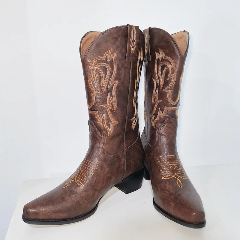 Embroidered Western Boots 2024 Autumn Winter Pointed Medium Thick Heel Women's Big Size Slip On Western Boots