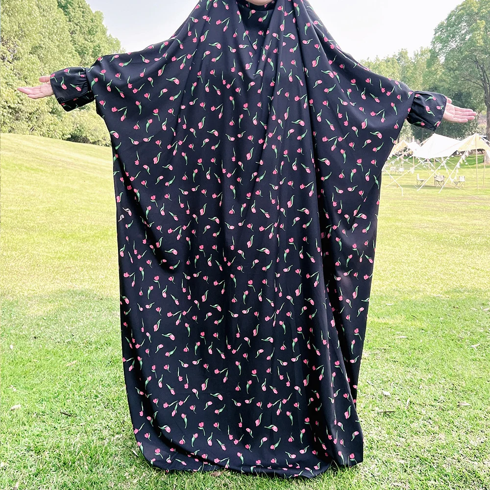 Eid Hooed Printed Muslim Abaya Batwing Sleeve Khimar Prayer Garment Dress Burqa Women Ramadan Overhead Hijab Kaftan Gowns Robe