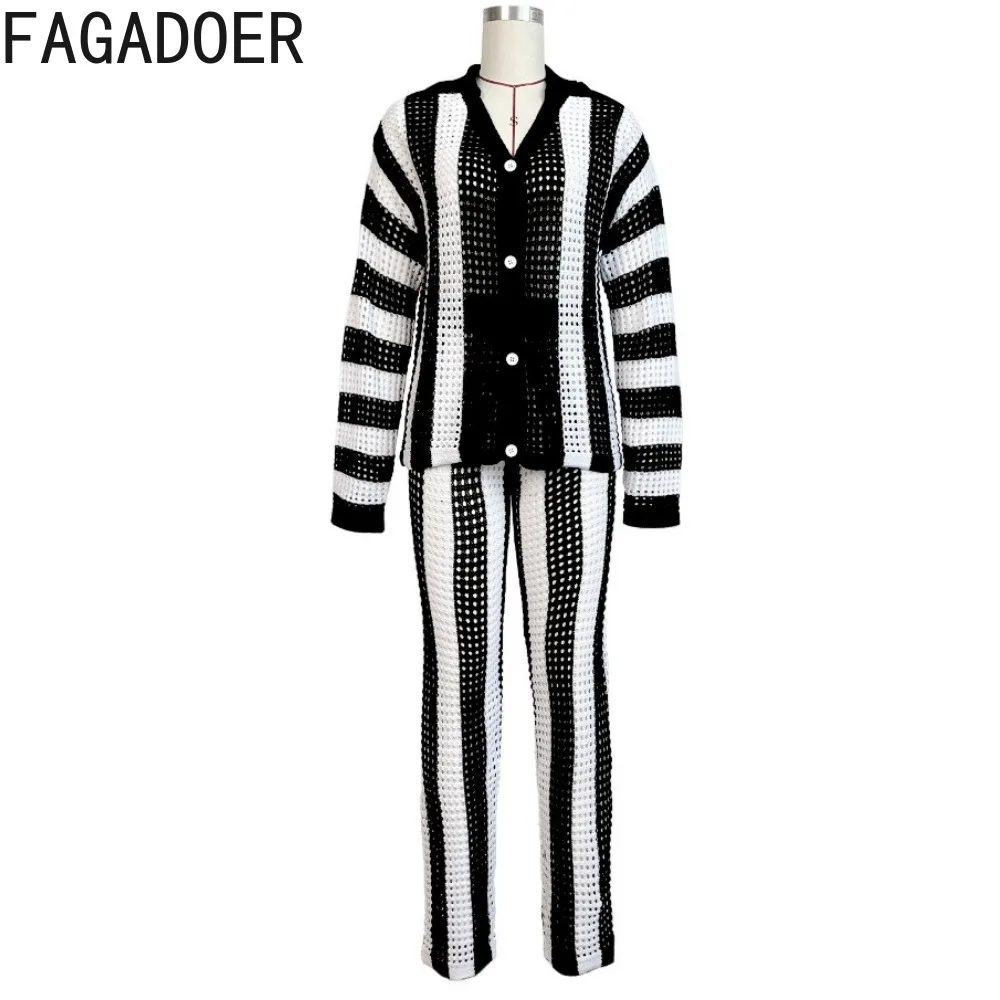 FAGADOER Black Fashion Knitting Hollow Two Piece Sets Women V Neck Long Sleeve Top And Pants Outfit Female Stripe 2pcs Clothing