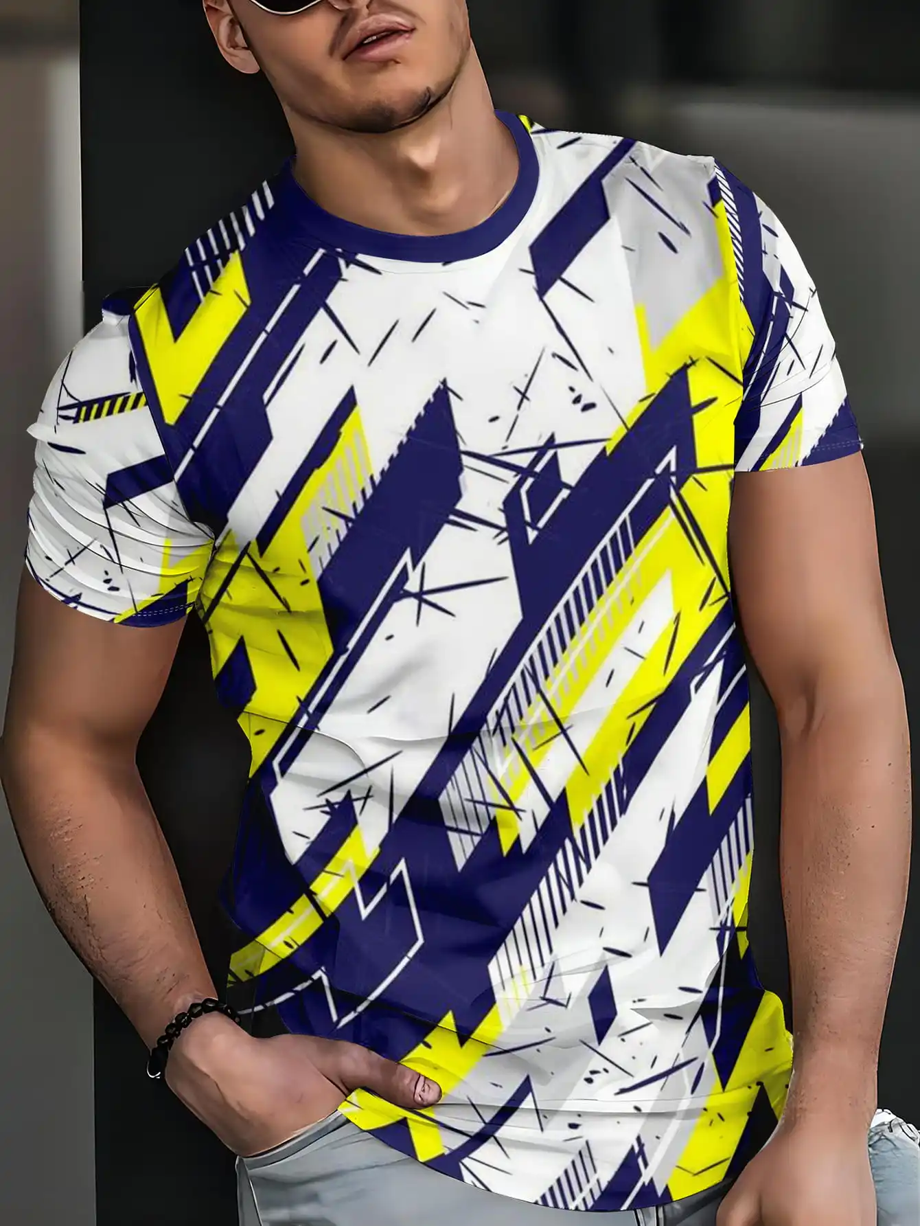 Men Quick Dry T-shirt High Elastic Geometric Crack Line Print Short Sleeve Breathable Crew Neck Tee