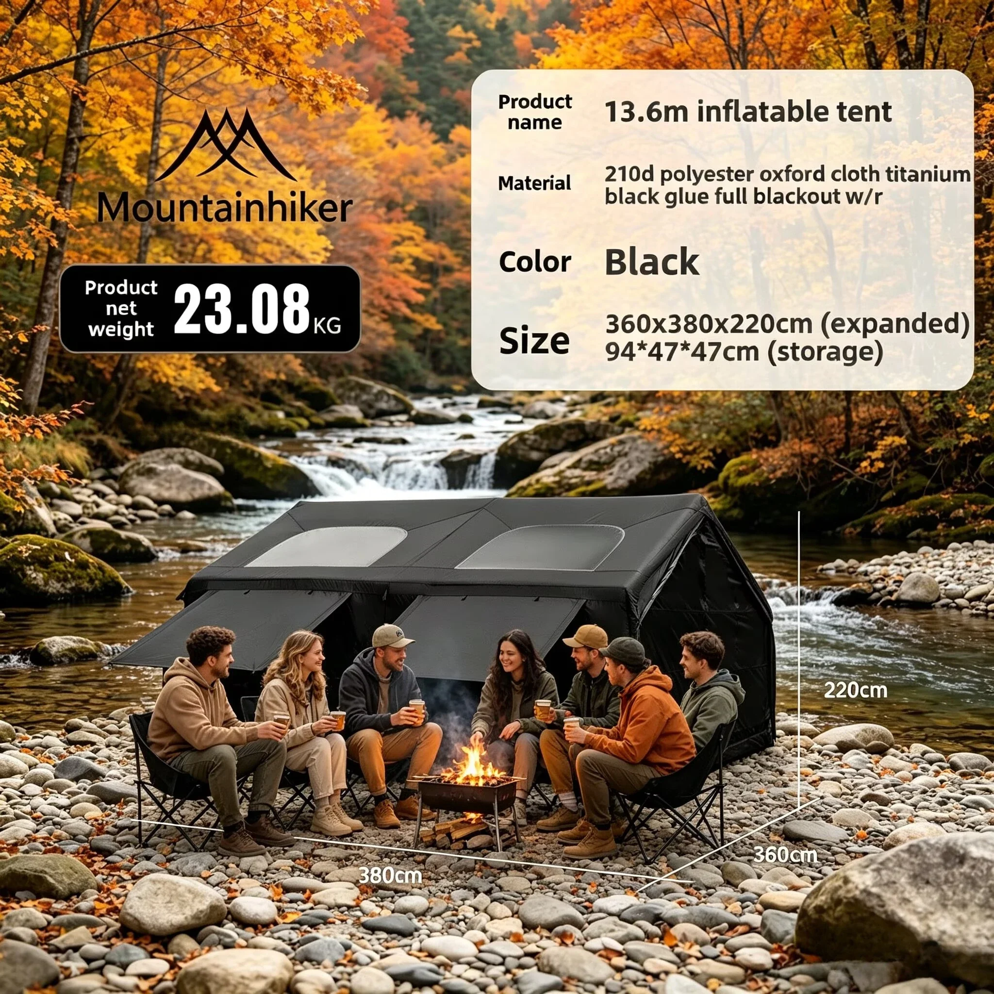 Mountainhiker Large Inflatable Tent 8/10 P Outdoor Camping 13.6㎡ Starry Sky Tent Rainproof Family Beach BBQ Fishing Park Awning