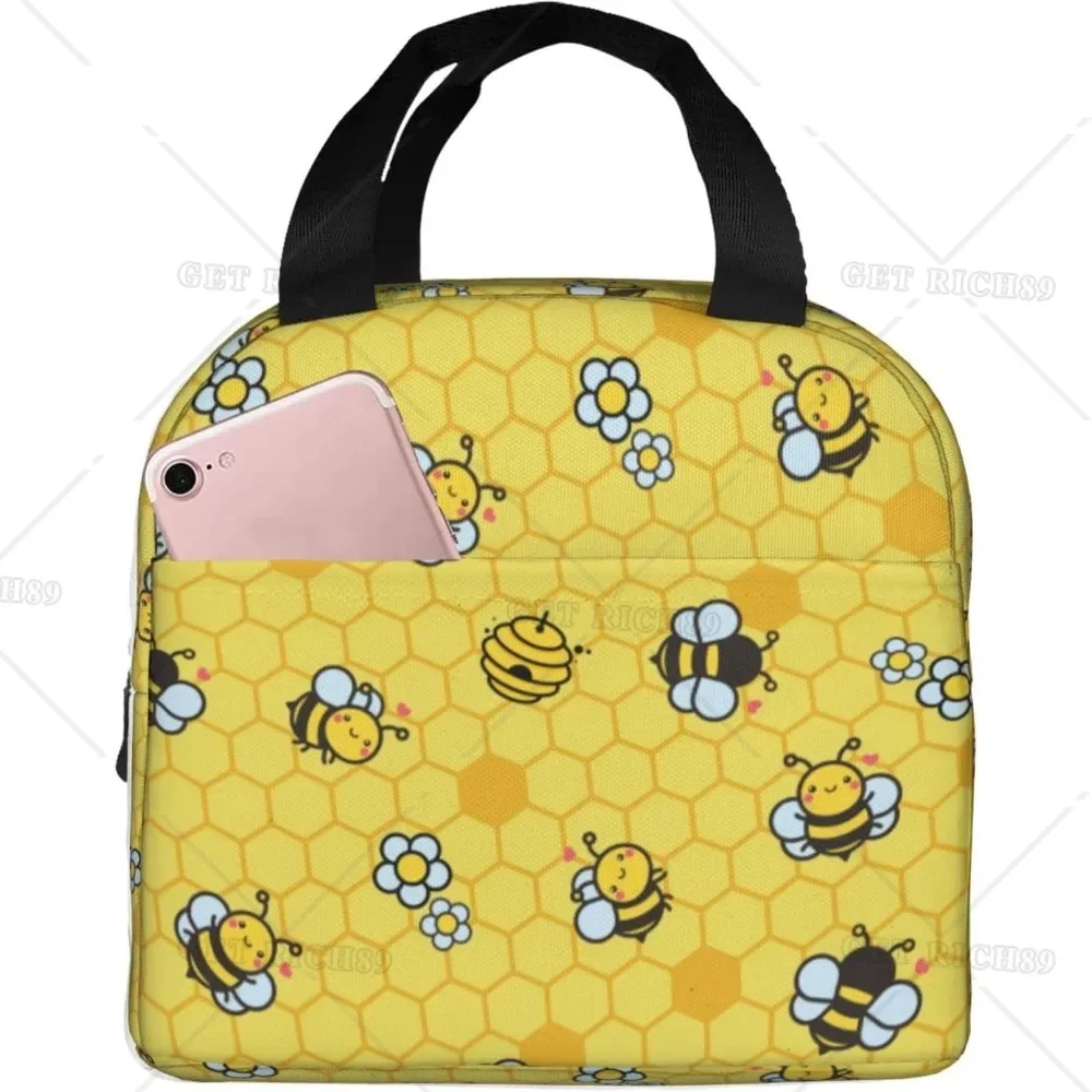 Cartoon Bee Yellow Insulated Lunch Bag for Kids Boys Girls Washable and Reusable Thremal Lunch Box for School Picnic