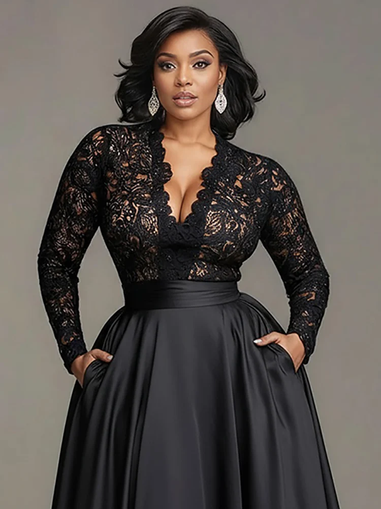 

Женское сексуальное кружевное роскошное вечернее платье с v-образным вырезом и длинным рукавом для коктейльной вечеринки, большие размеры, макси-платья для свадебных гостей
