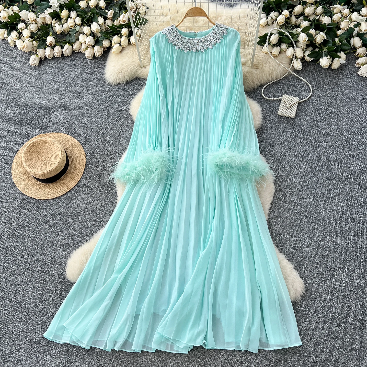 Chic vintage long sleeve rhinestone O-neck mesh Elegant Fairy korean fashion Boho women clothing dress