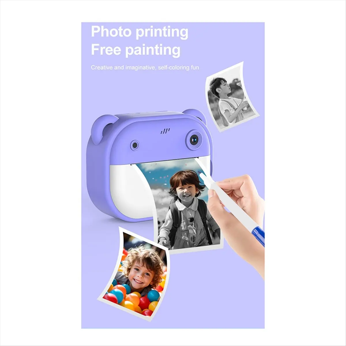 newT77 HD Printing Camera, Cartoon Mini Dual Camera, One-Buttonh Printing Camera, with 2 Rolls of Printing Paper C