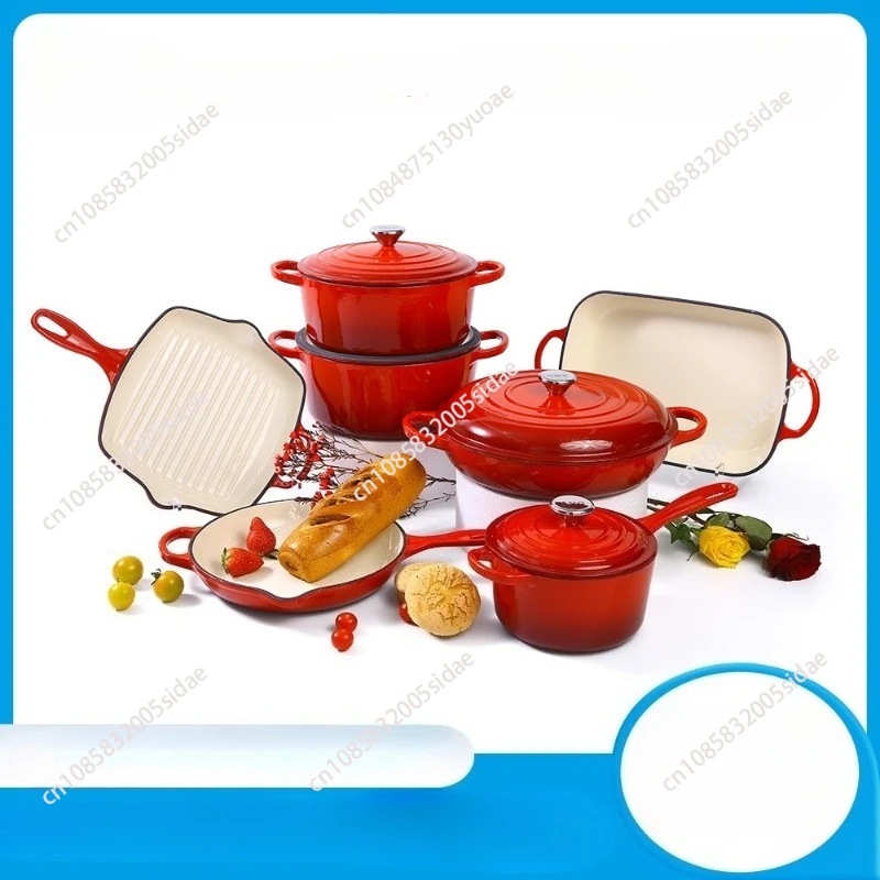 Cast iron enamel pot seven-piece set universal pot set soup pot milk pan frying pan uncoated non-stick pan