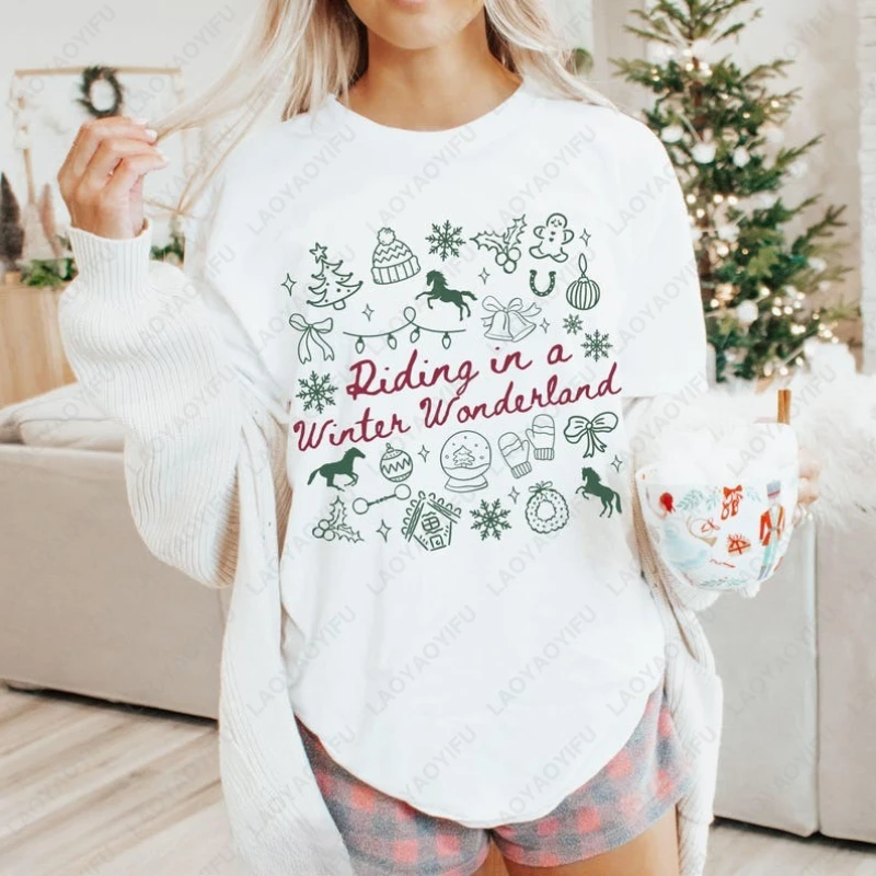 Horse Christmas Lover Horseback Rider Tshirt Gift Riding in A Winter Wonderland Fun Animal Tops Men Women Cotton Equestrian Tees