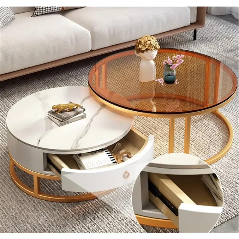 Coffee Table Set of 2, Round Center Tables with Storage Drawer Glass Slate Stone Side Table