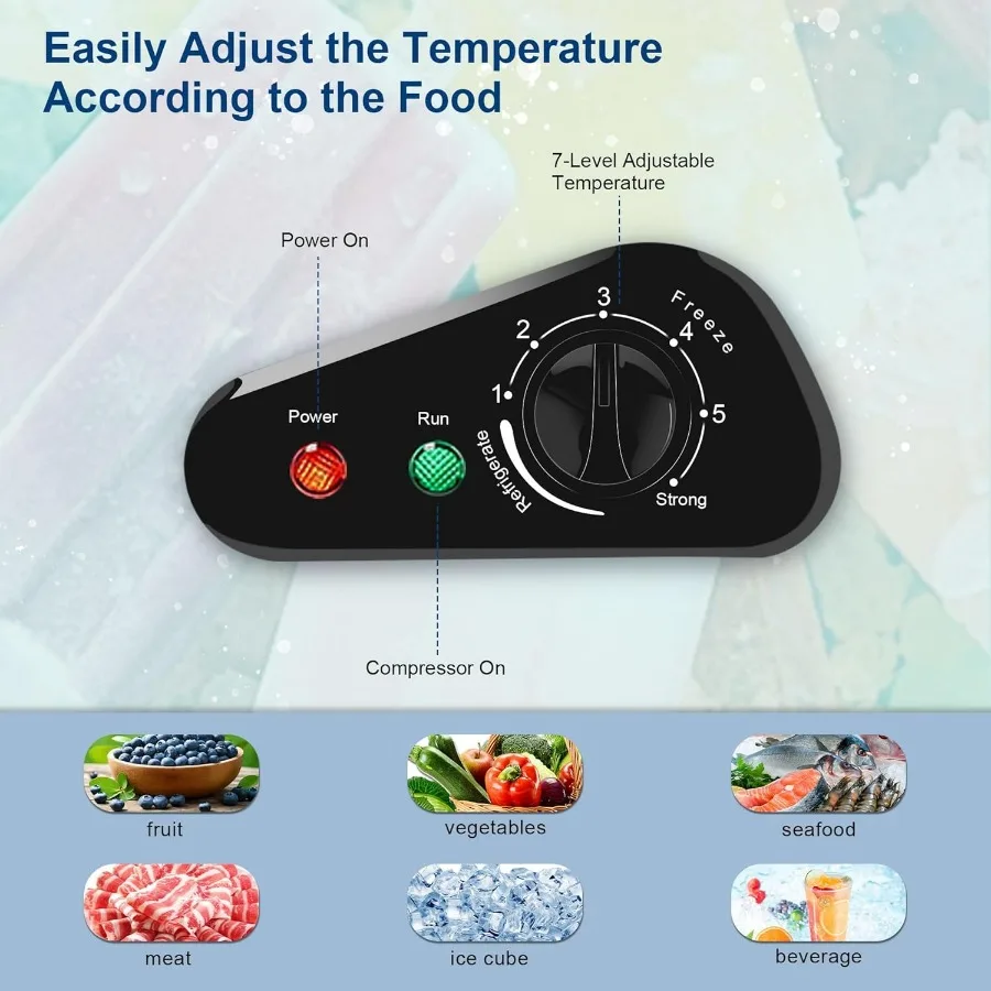 فريزر عميق مدمج 5.0 قدم مكعب مع سلة تخزين قابلة للإزالة و7 مستويات لدرجة الحرارة ترموستات فريزر صغير أسود مفتوح