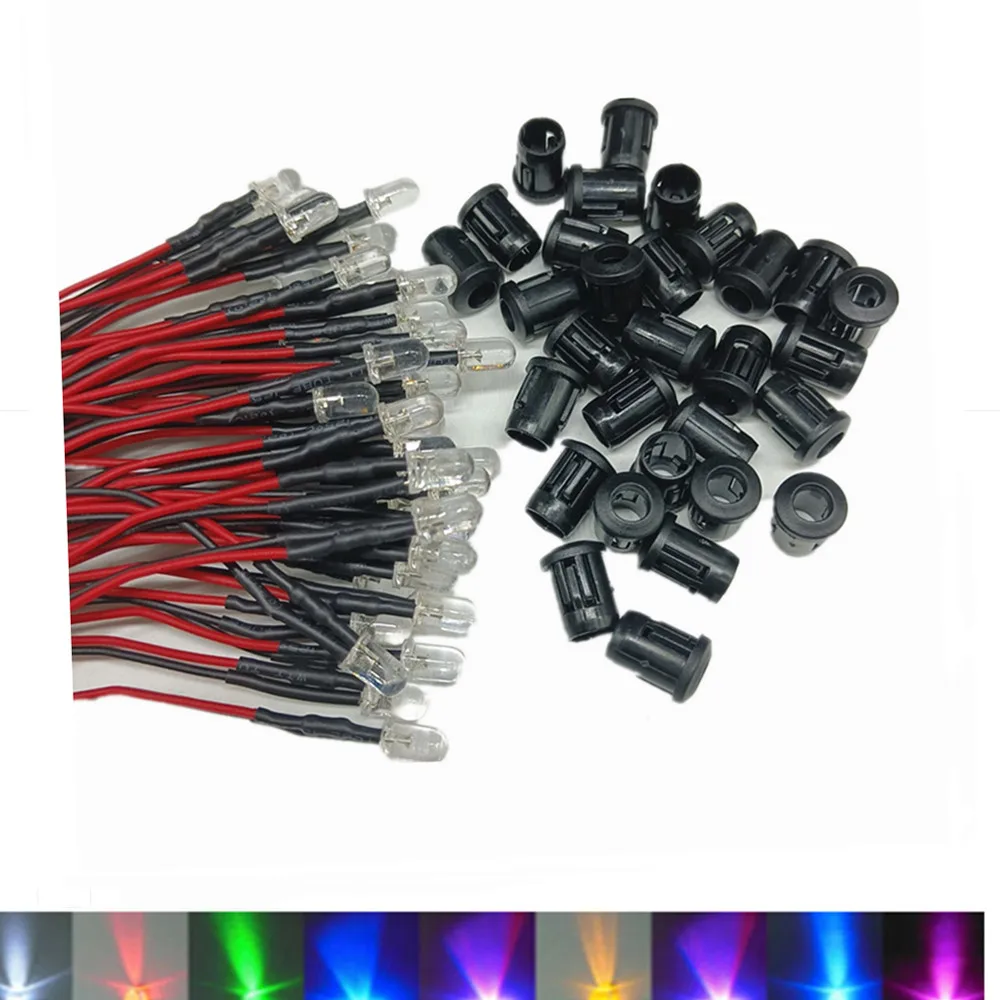 Conjuntos de 20 a 100 peças de led redondos com suporte de plástico 3mm/5mm, vermelho/verde/azul/rosa/amarelo/uv/rgb 3v-12v