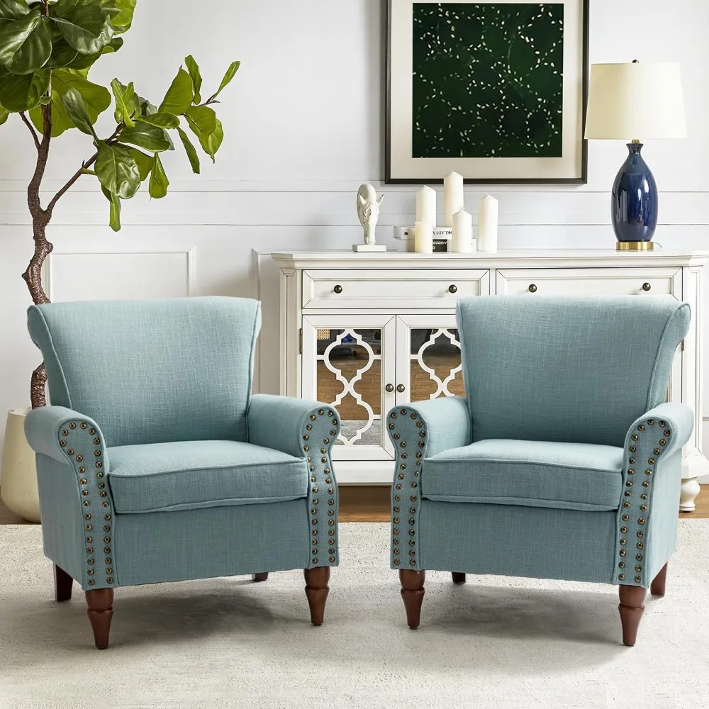 

Contemporary Wingback Armchair with Wood Legs, Removable Cushion, and Nailhead Trim, Plush Upholstered Lounge Chair, Size S