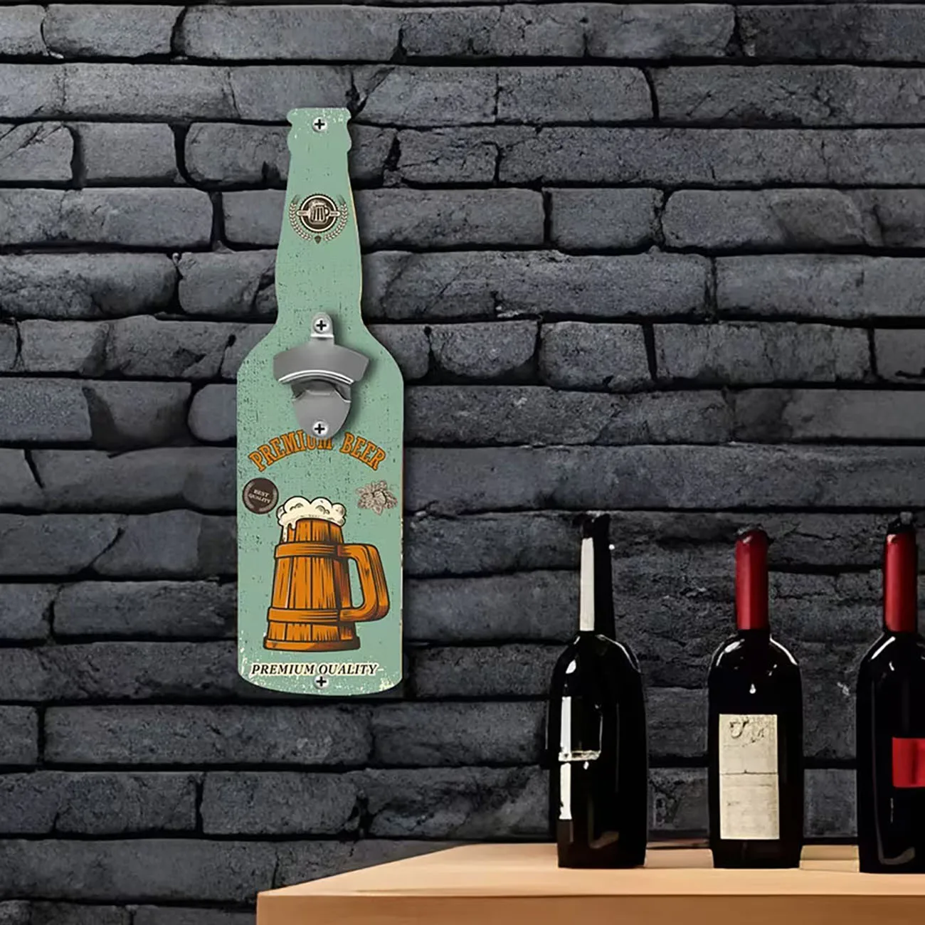 Beer Bottle Shaped Wooden Wall Bottle Opener, Vintage Beer Mug Pattern Wood Accessory Sign for Home Bar Indoor Ornament