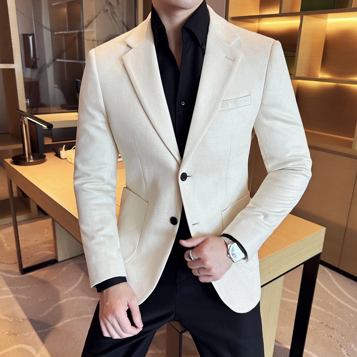 Vintage Suede Line Striped Fashion Suit Jacket 2024 New High-end Luxury Business Office Slim Fit Social Wedding Party Dress Coat