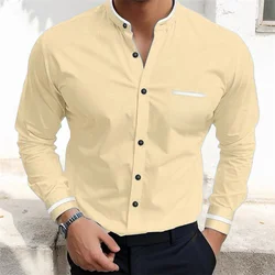 European and American new men's shirt long sleeved casual business solid color lapel pocket daily comfortable top