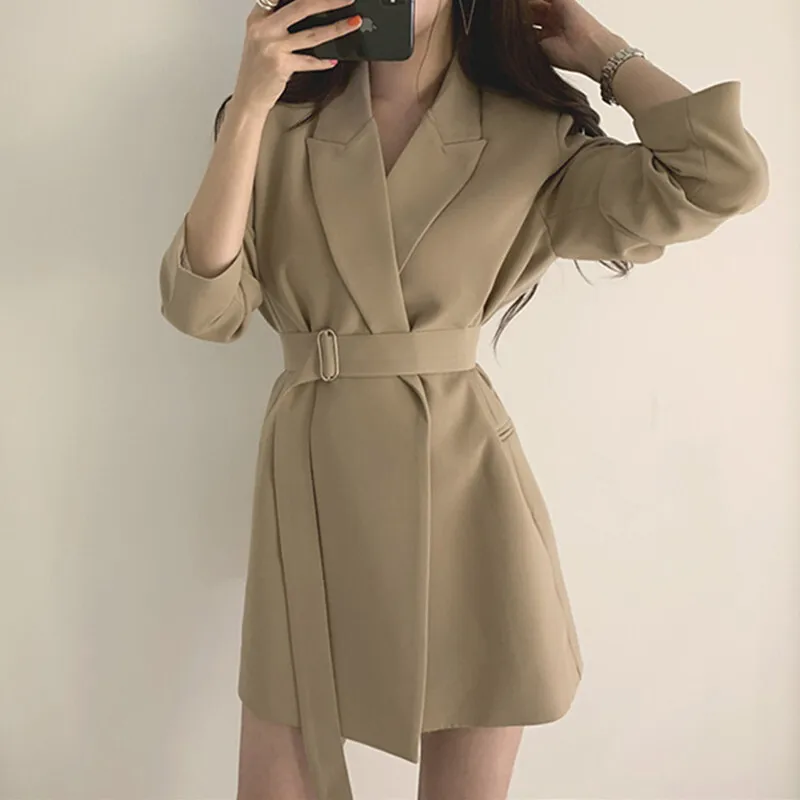 Elegant Party Dresses Woman Mid Long Chic Belt Suit Jacket Pleated Slim Fit Dress Vestidos