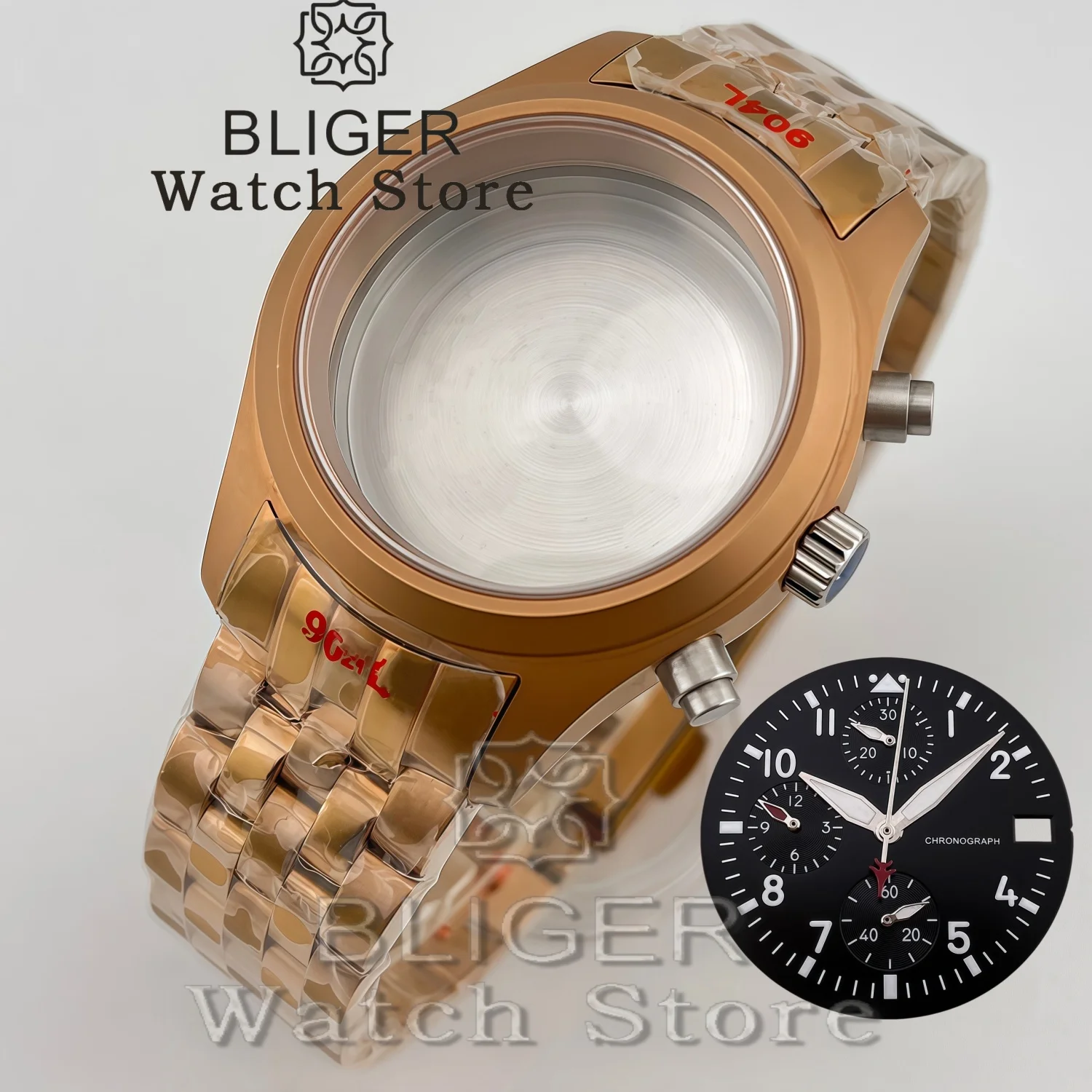 BLIGER 38mm Domed Sapphire Glass Case Dive Brushed Pilot Rose Gold Watch Case Strap Screw Crown Fit VK63 64 VK67 Quartz Movement