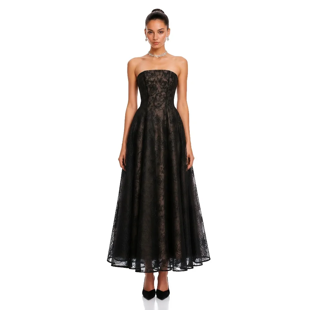 Customized Floral Lace Evening Dresses Black Midi Party Dress Strapless A Line Modern Elegant Prom Gowns for Women 2026 Bespoke