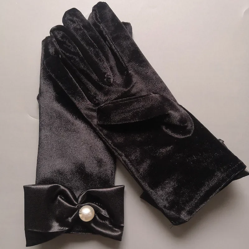 Gants de mariage perlés pour femmes, longueur du poignet noir, nœud papillon, soirée Tea Party, gants d'opéra pour les mariées