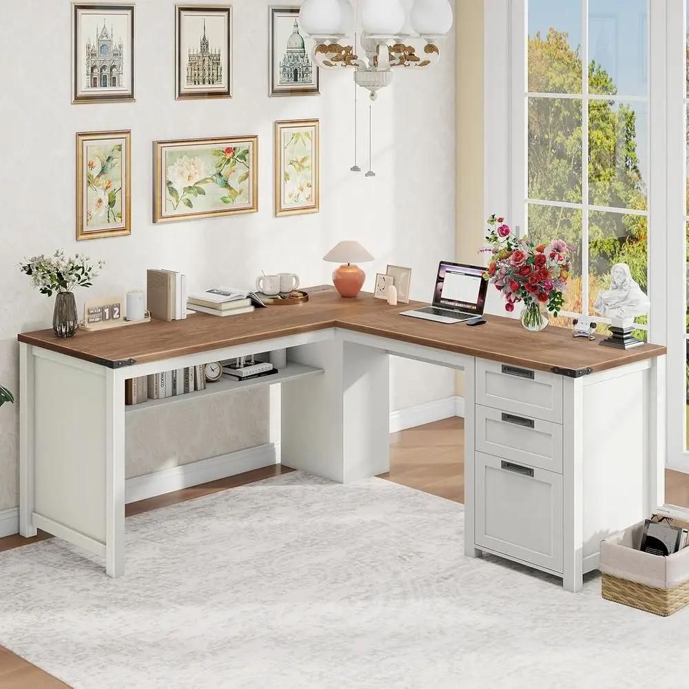 

L-Shaped Executive Desk with Drawers, Storage Shelves, and Charging Station for Home Office or Study