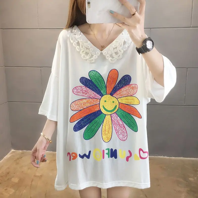 2024 New Summer Youth Sweet Academy Style Lace Flip Collar Personalized Print Loose Oversized Casual Short Sleeve Large T-shirt