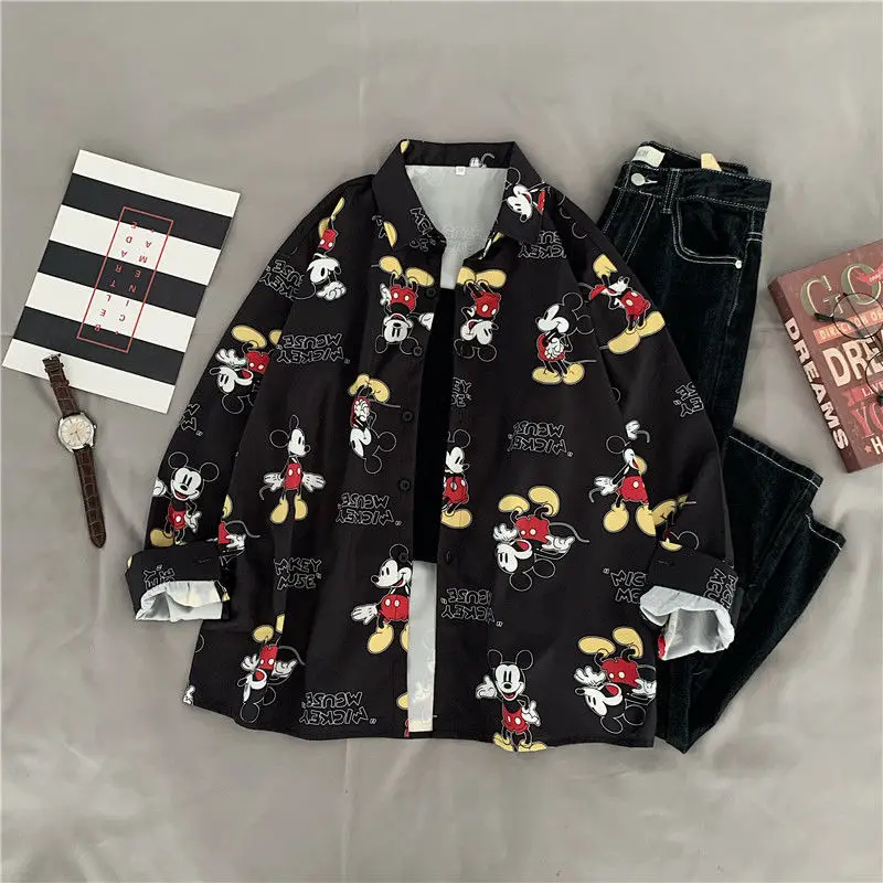 Kemeja lengan panjang model Korea, kemeja lengan panjang kartun Mickey Mouse, jaket blus ukuran Plus longgar, mantel gaya baru musim semi dan musim gugur untuk wanita