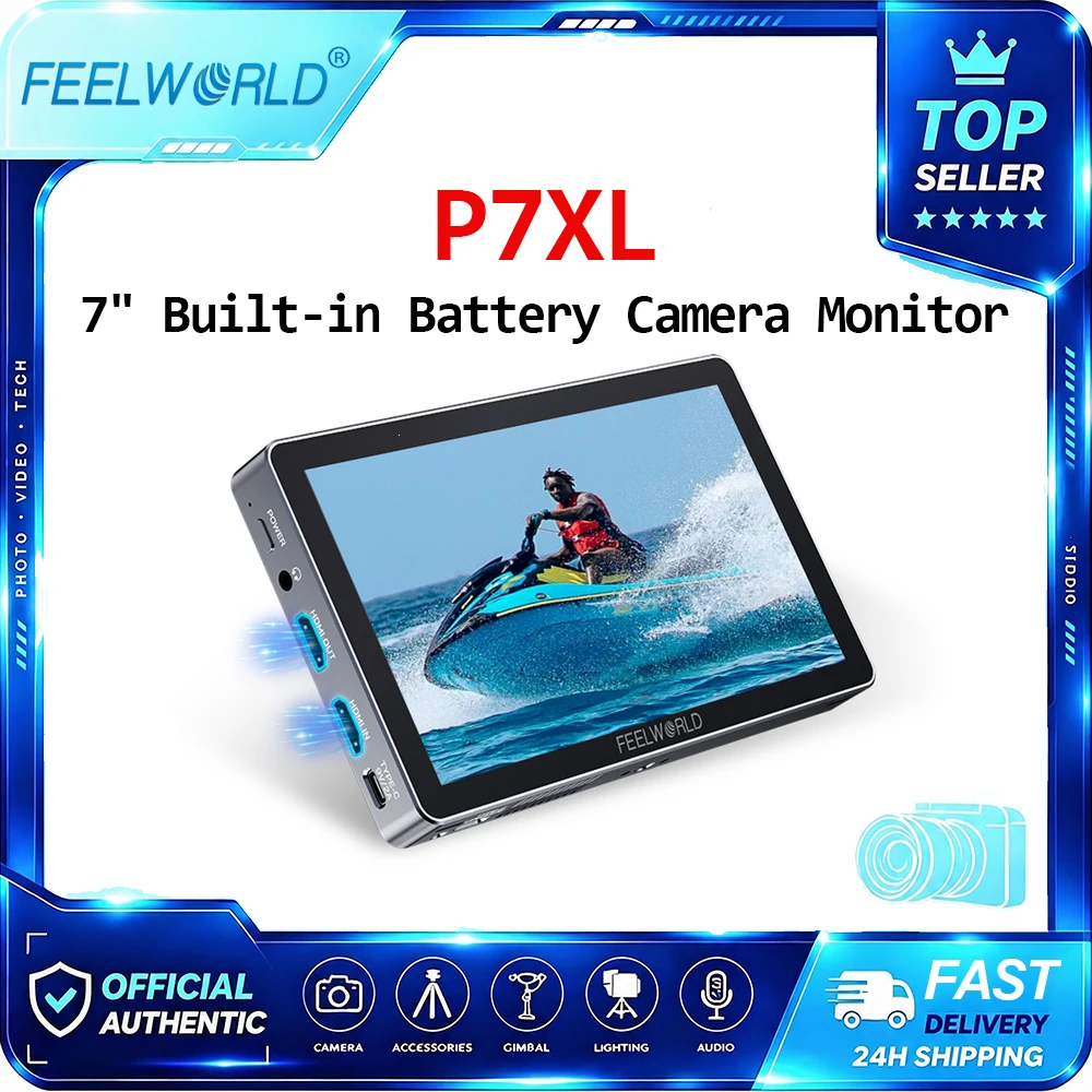 FEELWORLD P7XL 7 Inch Camera Field Monitor 1500nit 10-bit IPS Built-in Battery 4K HDMI 2.0 On-Camera Monitor for Video Shooting
