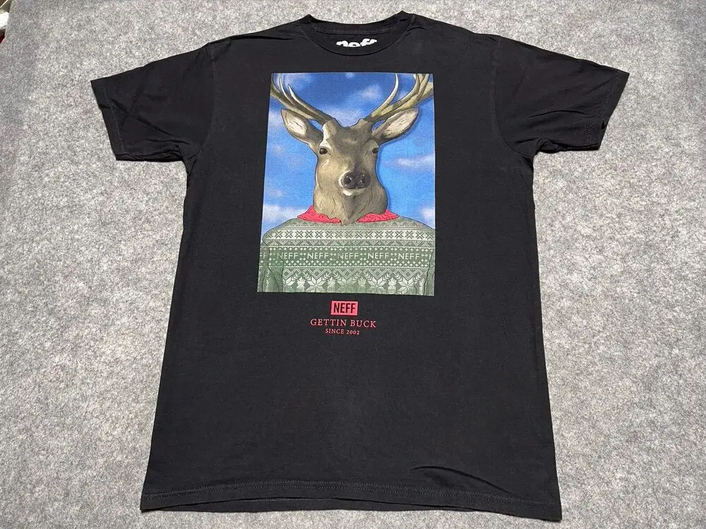 NEFF Deer Antlers Getting Buck Wild Christmas Sweater tee Shirt Medium Black