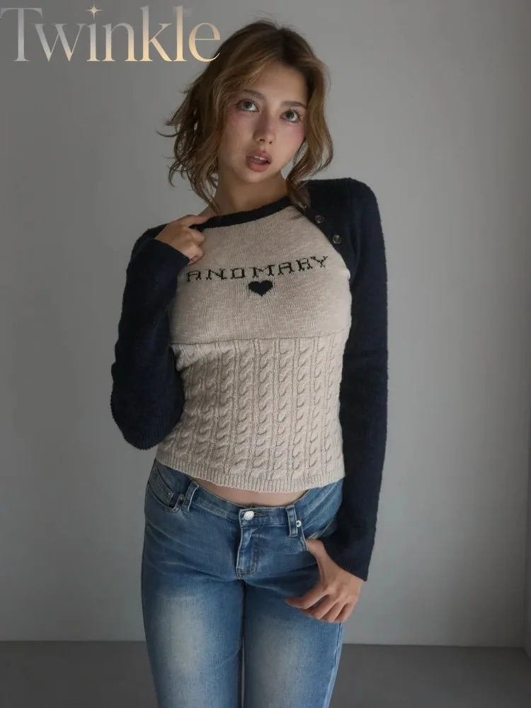 Women Knit Sweater Contrast Color Raglan Long Sleeve Letter Heart Jacquard Cropped Pullover Casual Korean Style Top