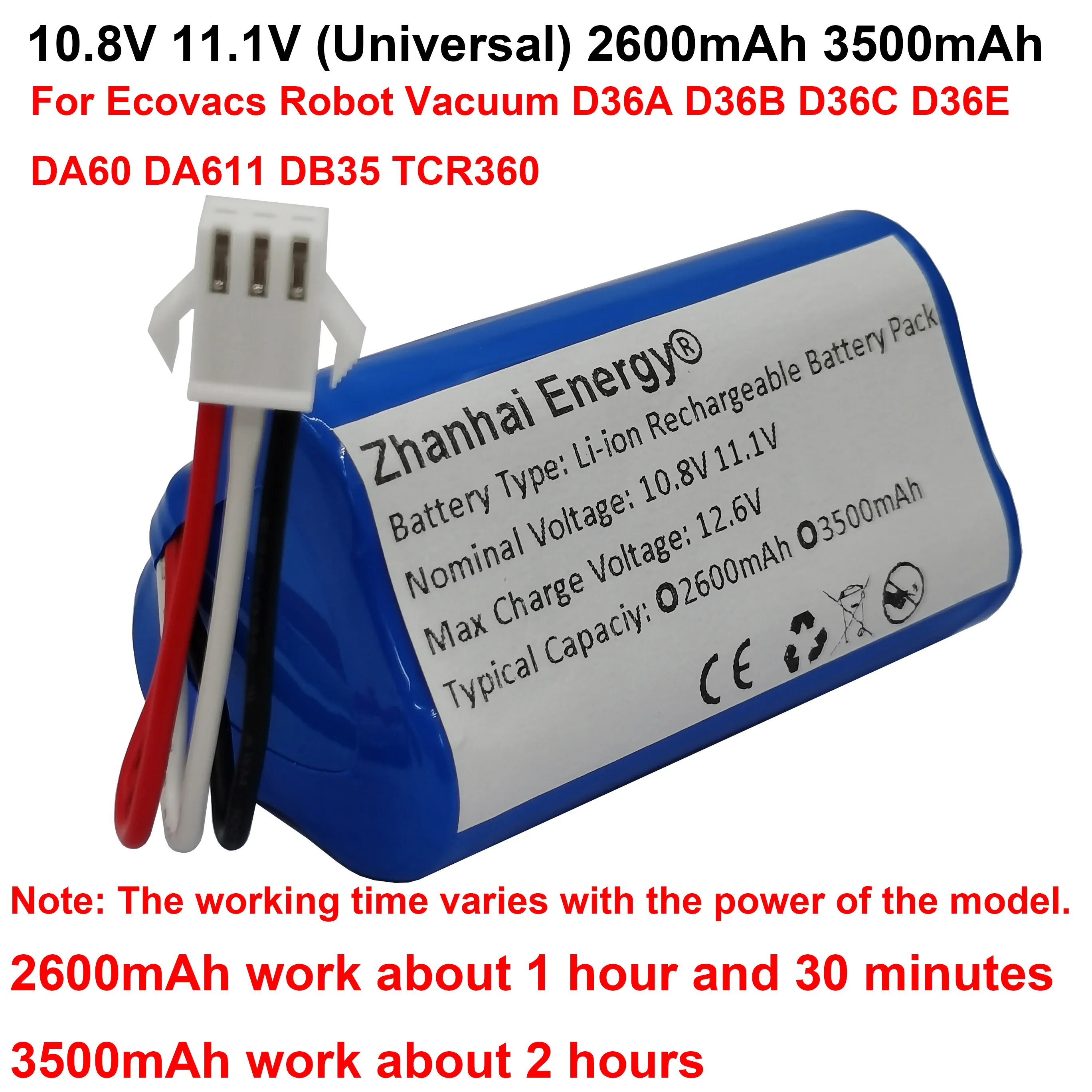 Bloco cilíndrico da bateria recarregável do li-íon de 10.8v 11.1v 2600mah 3500 para o vácuo d36a d36b d36c d36e da60 db35 do robô de ecovacs