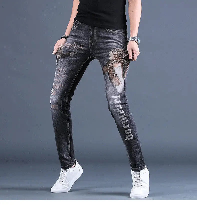 High Quality Men's Printed Denim Pants Letters Decoration Fashion Casual Jeans Classic Slim Style Noble Gray Stretch Trousers;