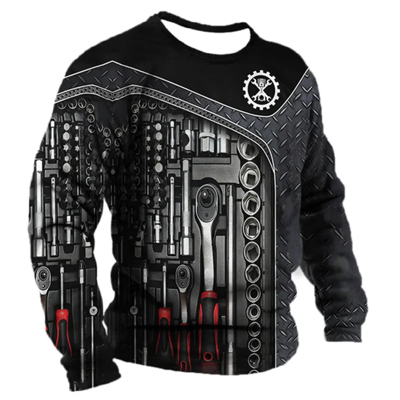 Retro Pattern T Shirt For Men Mechanic 3D Printed Tees Summer Casual Long Sleeves Sports Oversized T-Shirts Round Neck Tops