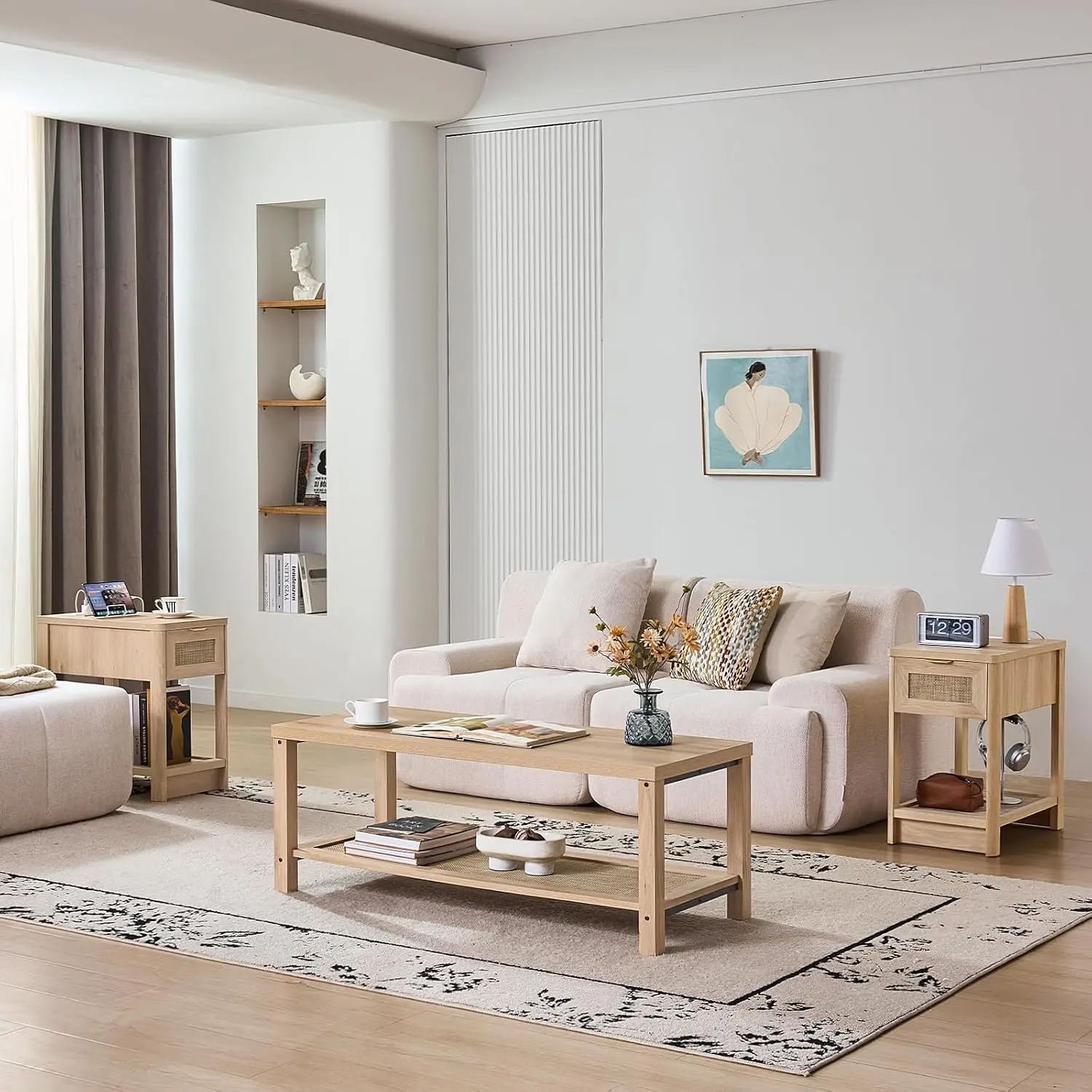 Natural Rattan Coffee Table Set Of 3 For Living Room, Customized