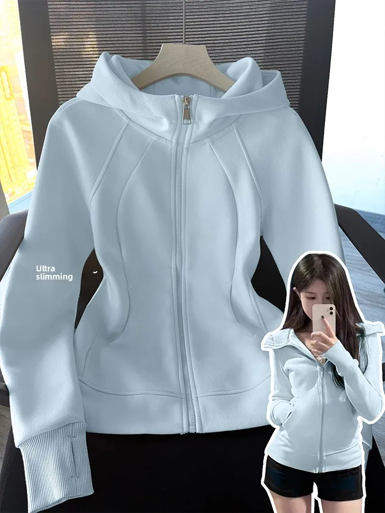

Thiened Stand Collar Double Sided Fce Hoodie Women's Fitn Yoga Slim Fit Long Sve Zipper Cardigan Outerwear