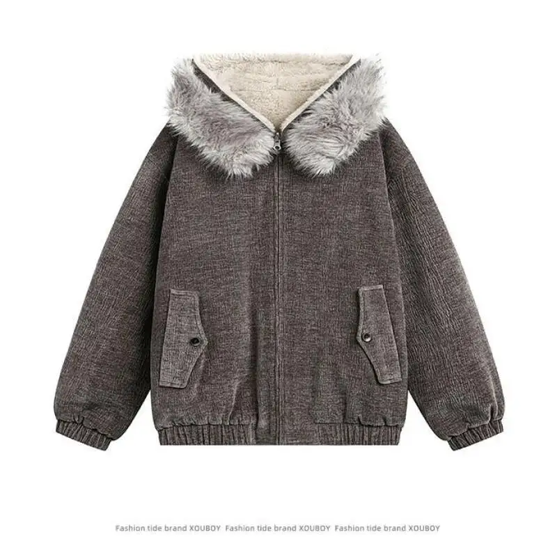 

Women's Coat winter autumn Jacket Outerwear Warm Fleece Lined American Retro Collar Reversible Hooded Thick Loose Quilted Coat