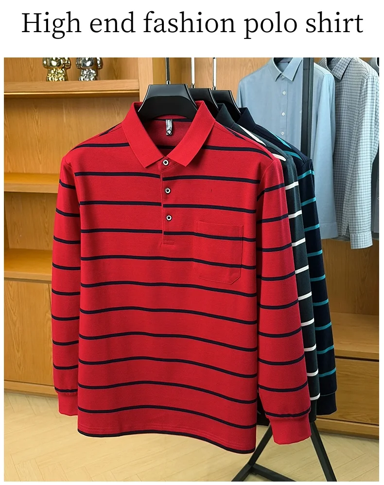 Leichtes Luxus-Poloshirt mit Streifenmuster, langen Ärmeln, für Herren, bequem, hochwertig, mit Tasche, neues lässiges T-Shirt, Frühling/Herbst, modisches Oberteil mit Kragen. – Detail 2