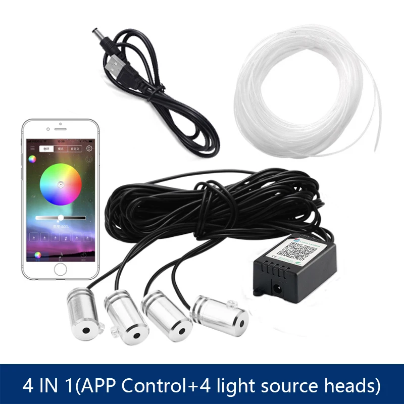 6 In 1 Led-Sfeer Auto Licht Rgb Flexibele Decoratieve Lamp 8M Interieur Omgevingslicht Door App Controle Glasvezel Strips Licht