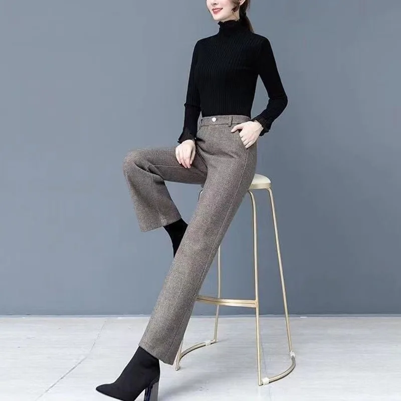 Women High Waist Button Closure Herringbone Texture Wool Blend Wide Leg Casual Trousers