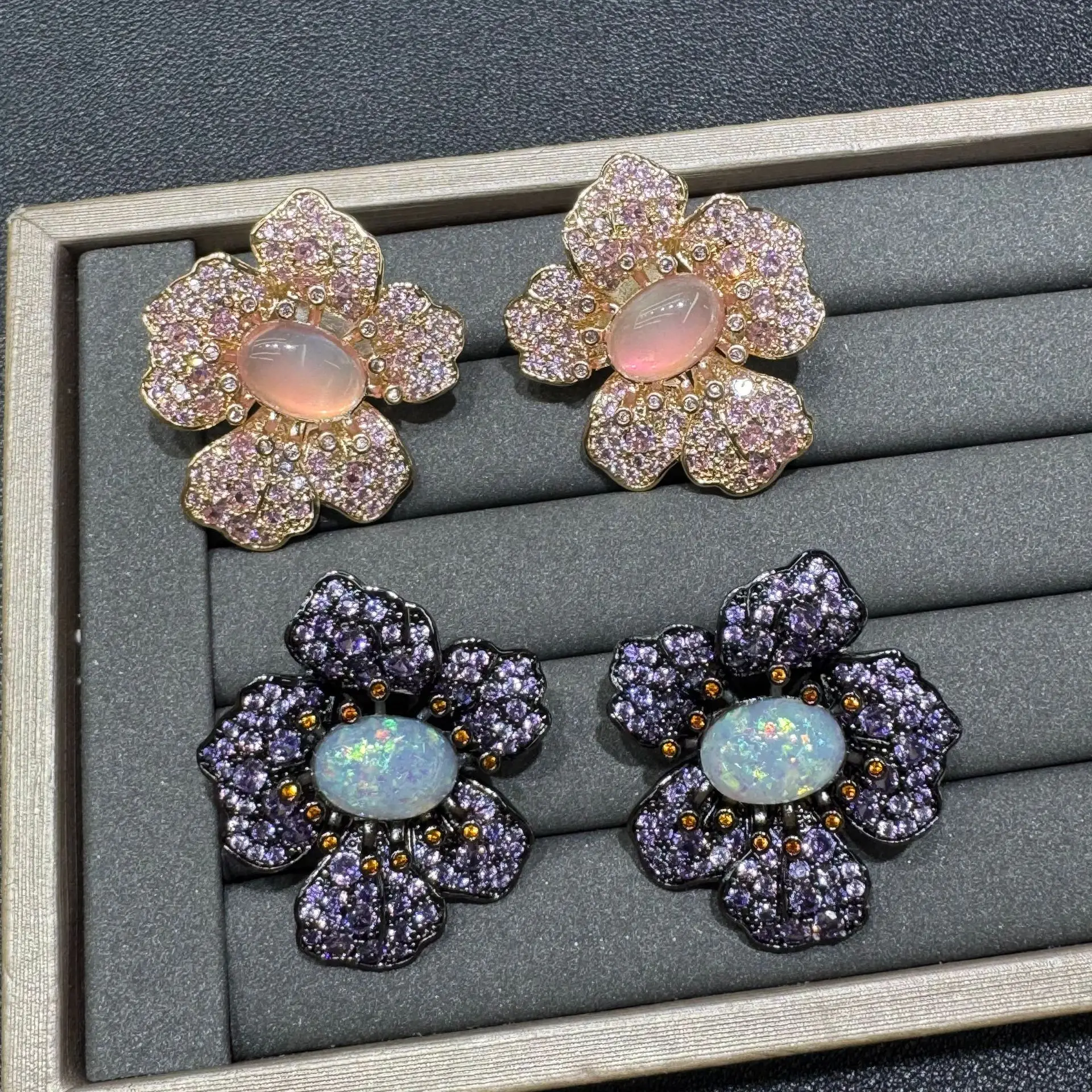 

Chic Opal and Cubic Zirconia Flower Stud Earrings for Women Elegant Jewelry purple pink zircon Wedding Party Daily Gathering