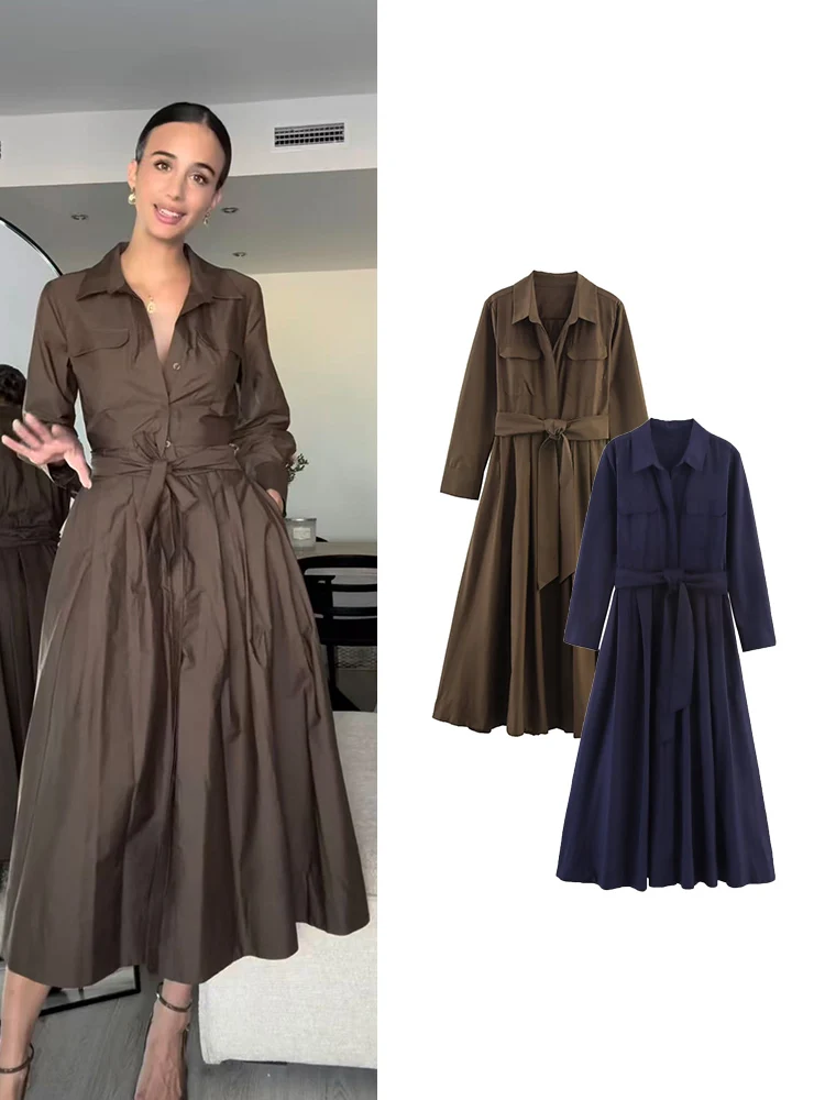Vestidos camiseros de manga larga con cinturón para mujer, moda Retro elegante de lujo con botones, vestidos por debajo de la rodilla, ropa para ir al trabajo OL 2025