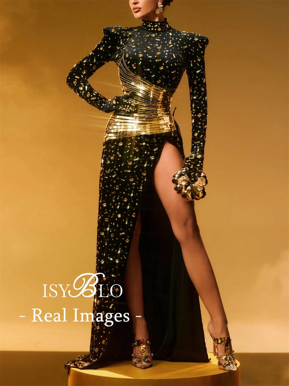 ISYBLO – Maxikleid mit metallischem Bund und Etui-Maxikleid für Damen, volle Ärmel, hoher Seitenschlitz, Party-Abschlussballkleider für Damen