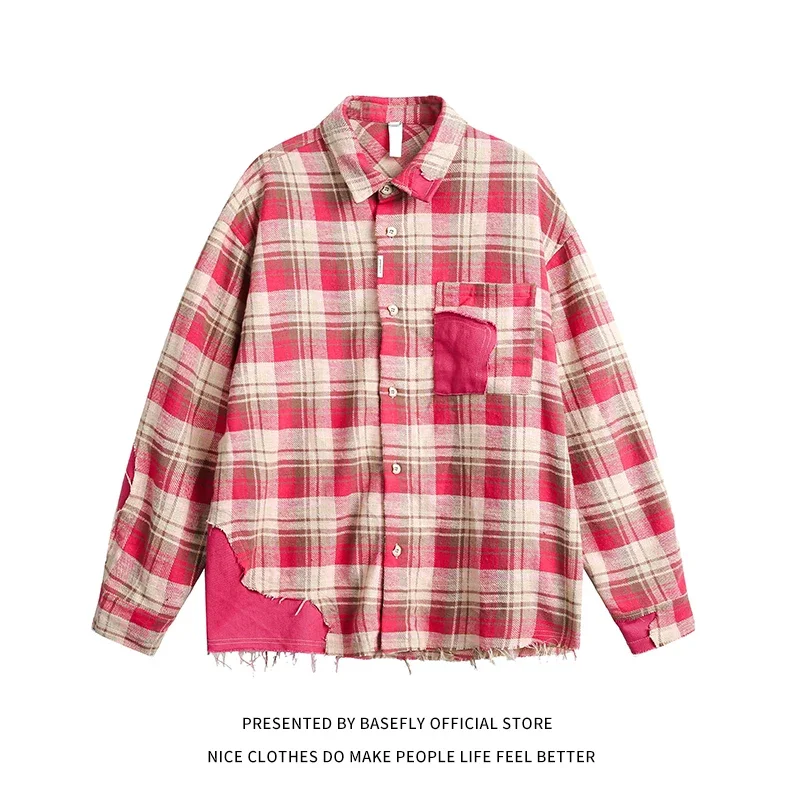 

Broken Red Patchwork Plaid Spring Autumn Pocket Women Button Shirt Long Sleeve Shirt Casual High Streetwear Jacket Student Chic