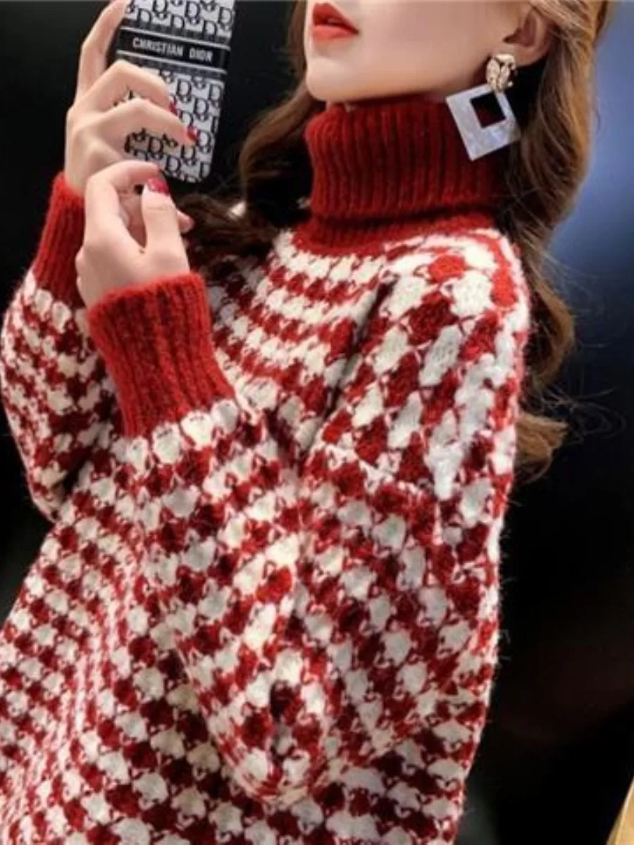 

Loose Women's High Neck Sweater Autumn Winter New Lazy Style Overhead Knitted Top Inner Wear Outer Wear Combo Set