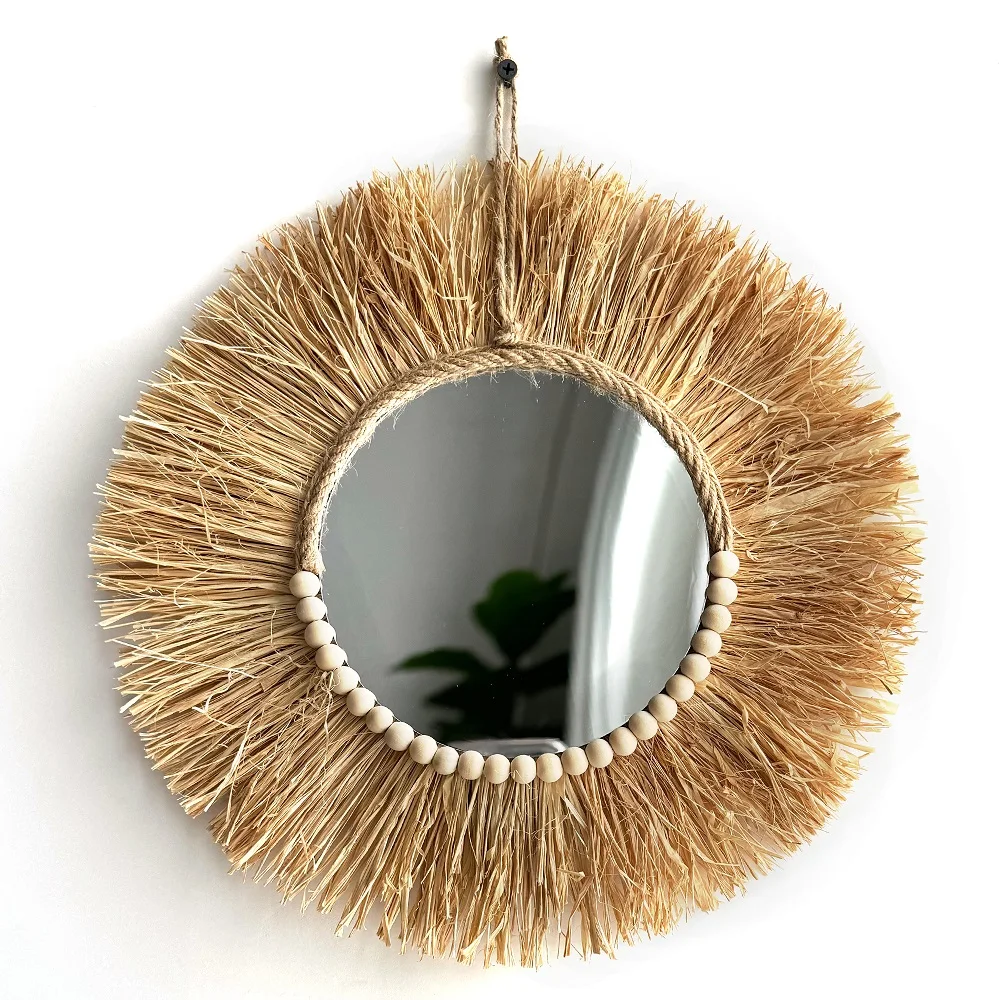 Handmade Boho Raffia Mirror Wall Hanging Decor Rustic  Boho Circle Acrylic Mirrors with Wood Bead Farmhouse Aesthetic Nursery