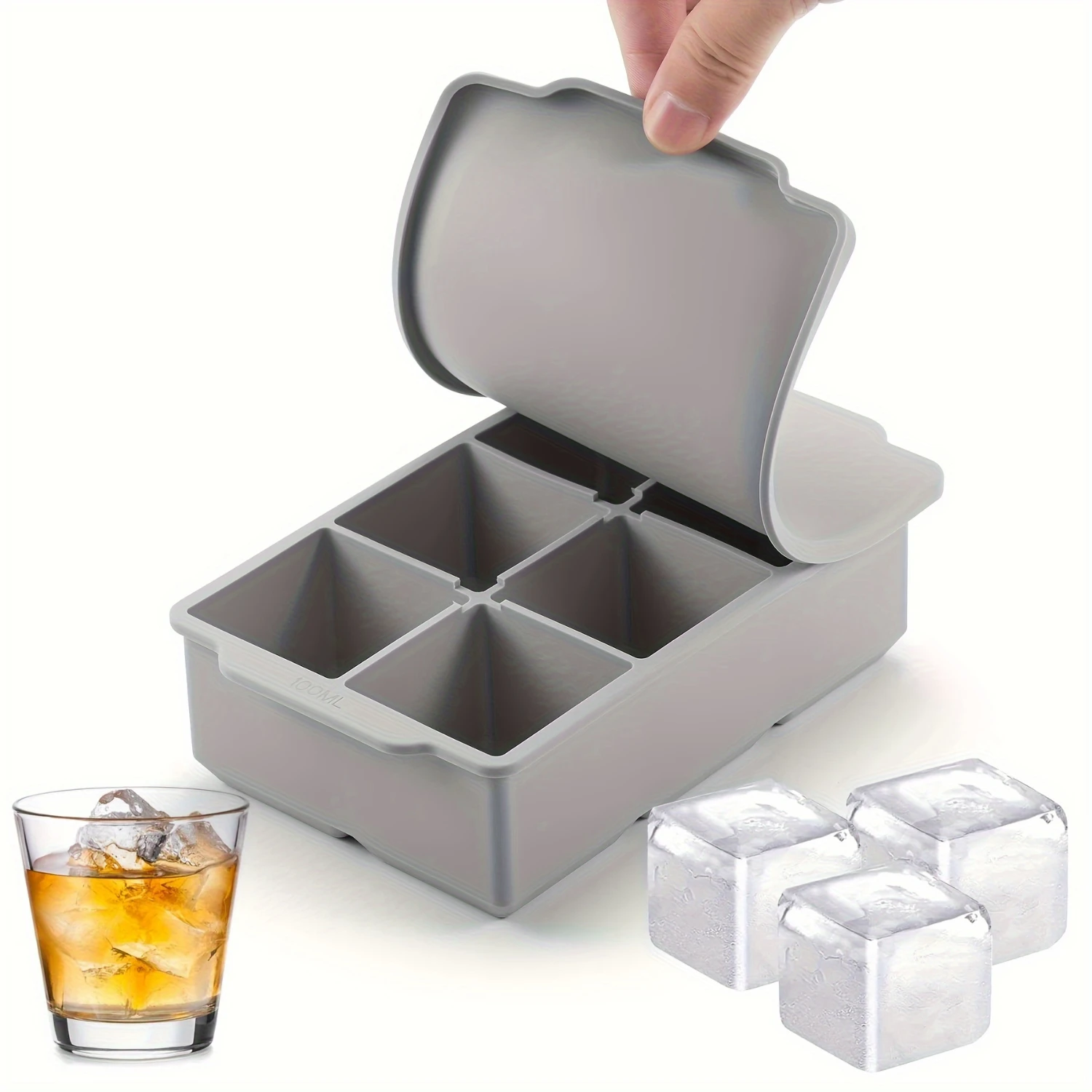 Large Ice Cube Tray With Lid, Stackable Big Silicone Square Ice Cube Mold For Whiskey Cocktails Bourbon Soups  Treats, Easy To R