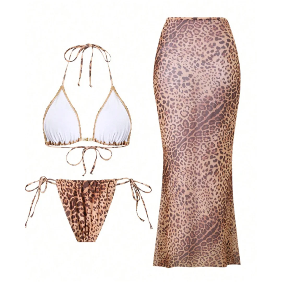 XS - L Leopardenmuster mit Rock, Neckholder-Bikini, Damen-Badeanzug, dreiteiliges Bikini-Set, Badebekleidung, Badeanzug, Schwimmanzug V6630 – Detail 15