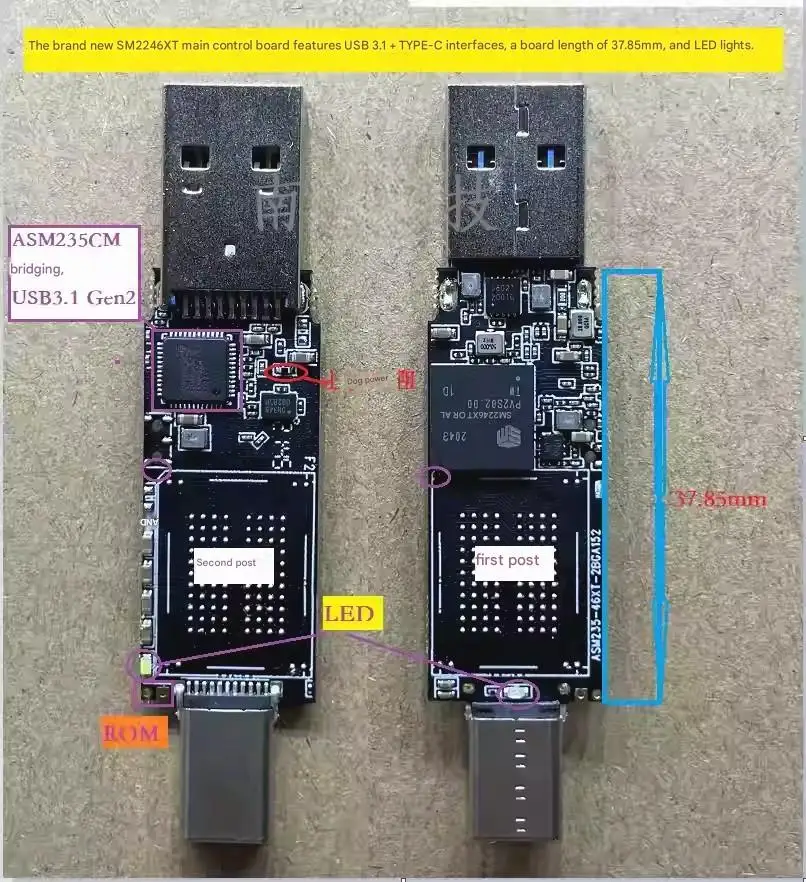 Latest SM2246XT USB3.1 + Type-C Dual-Head Solid State Flash Drive Motherboard with CNC Dual-Head Shell
