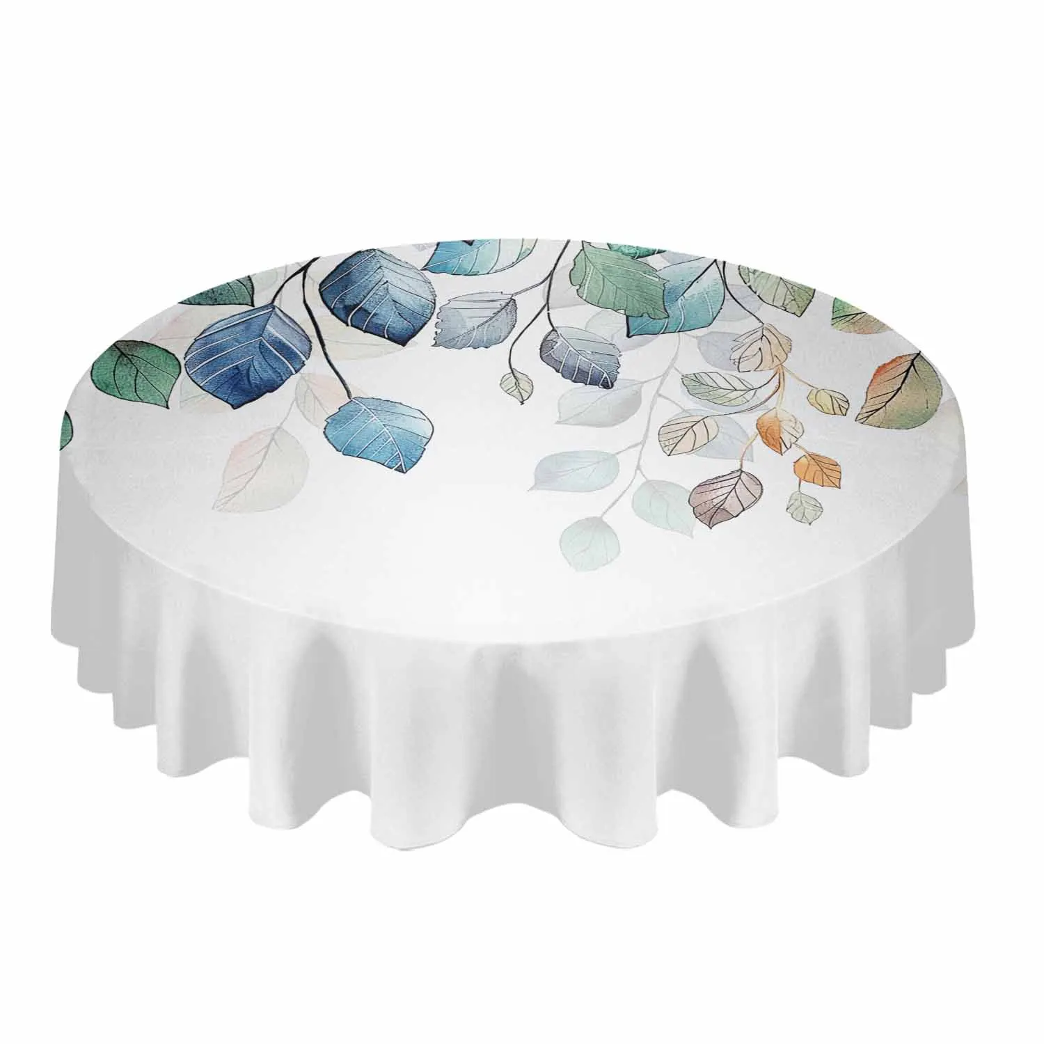 Plant Blue Leaves Waterproof Tablecloth Tea Table Decoration Round Table Cover For Kitchen Wedding Home