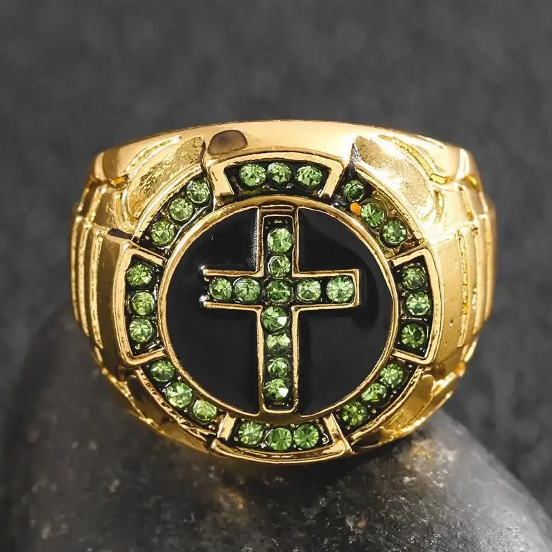 Golden Cross Green Diamond Black Oil Ring, Personalized, Popular in Europe and America, Stylish & Daily Wear